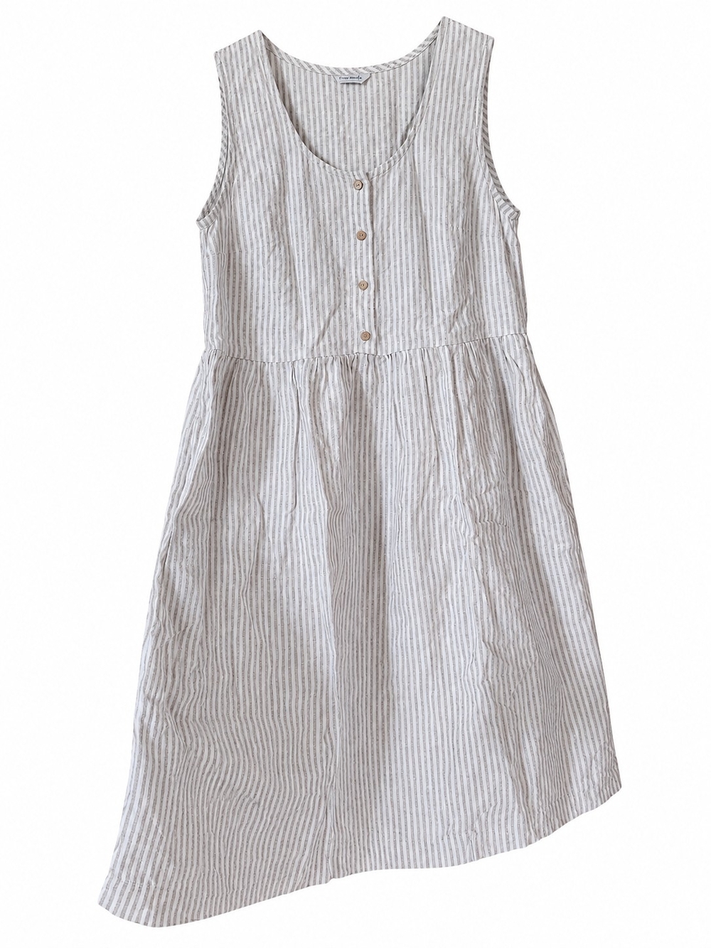 100% Linen Striped Button-Front in Beige and White Midi Dress